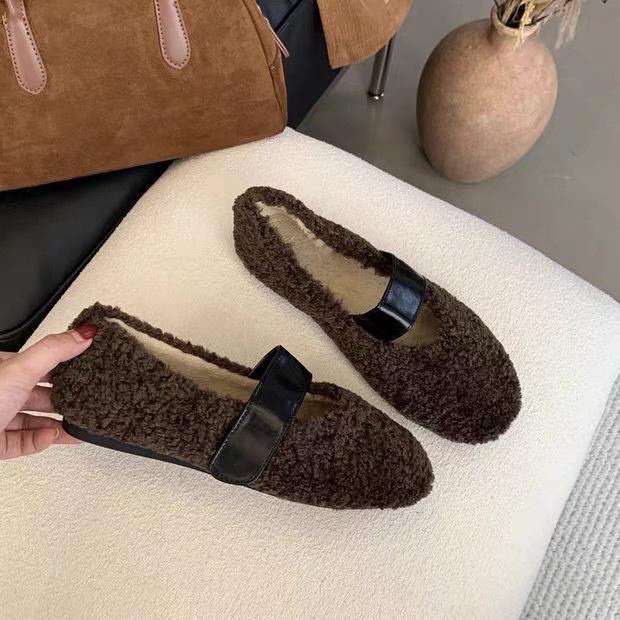 

[Uncle Shoes] French Warm New Flat-bottomed Mao Mao Shoes Women s Wear Doudou Shoes Mary Jane Velvet Autumn and Winter 2025 35 коричневий