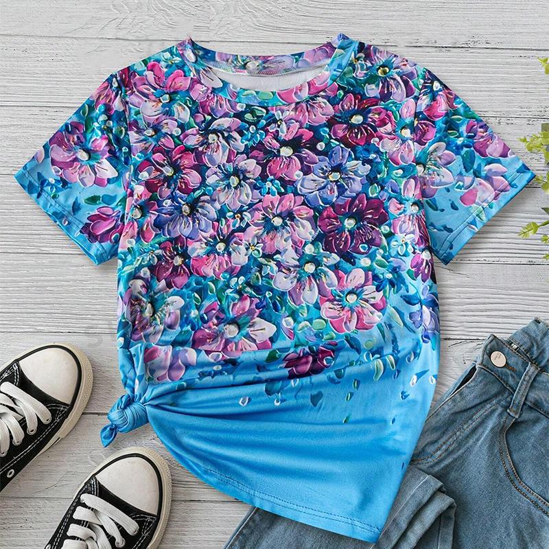 Fashion Women Creative Colorful Flower Splicing Print T Shirt Funny Casual O-neck Short Sleeves T-shirt Summer Female Tee Shirt
