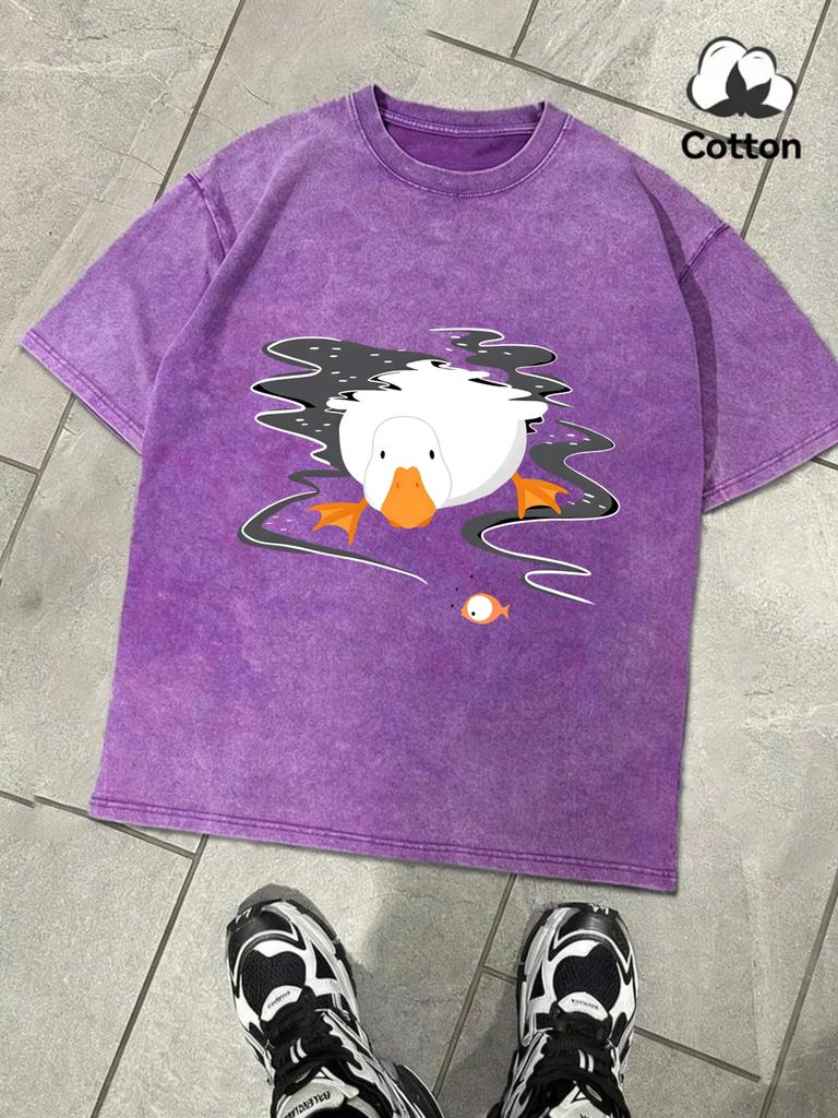 A Goose Free In The Water Design Snow Wash Men Tee Summer Retro T Shirt Soft Fashion Washed Clothing Unisex Cotton ONeck Tops