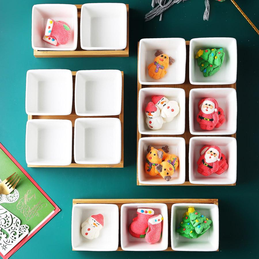 MUZITY Keramik Dessertteller Quadratische Form Obstteller Mit Bambus- und Holztablett Porzellan Kuchen- oder Süßigkeitenteller