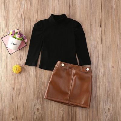 Conjunto Temperamento Meninas Crianças Médias e Grandes Top de Manga Comprida Gola Alta + Saia de Couro PU Conjunto de Duas Peças