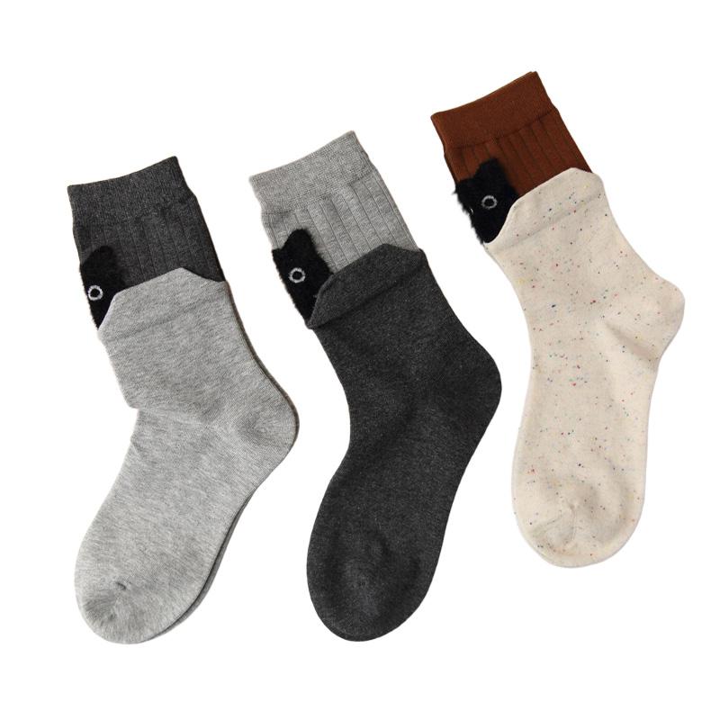 1 Paire Chaussettes Mi-Mollet Mignonnes Chatons Dessin Animé pour Femmes Filles Chaussettes en Coton Automne Hiver