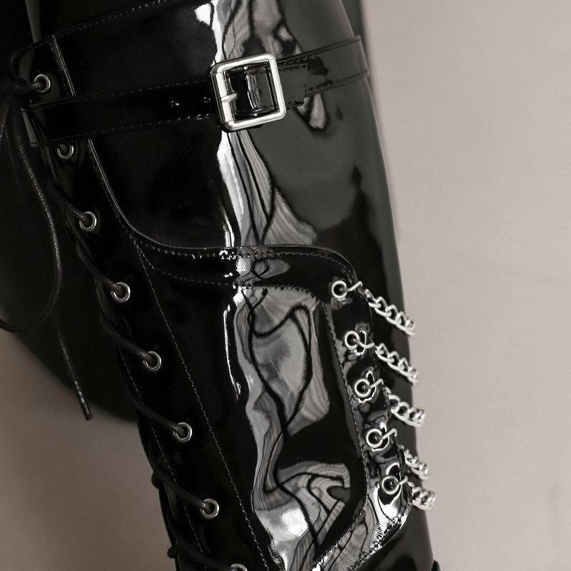 Punk Black White Boots Women's Back Chain Decor Shoes Knee High Boots Pointed Toe Leather Lace Up Chunky Heels Footwear