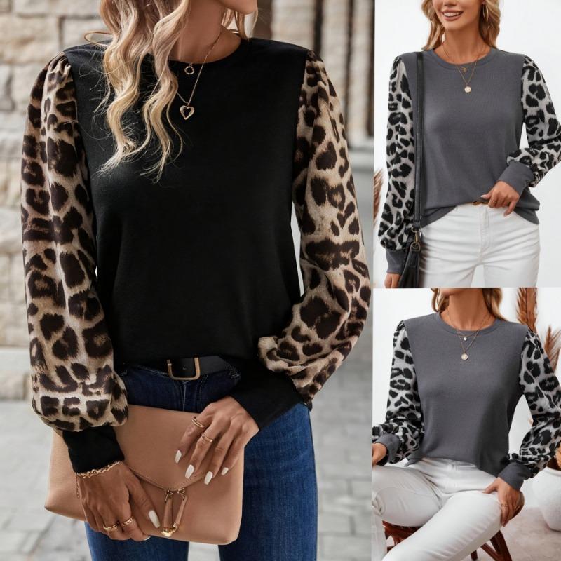 Dámské S Dlouhý Rukáv Kulatý Výstřih Patchwork s Leopardím Vzorem Tričko Ležérní