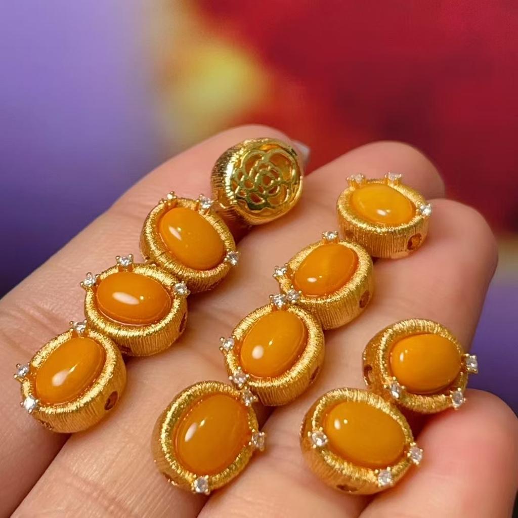 5Pcs, Natural Stone Yellow Amber Beads Accented with Golden Edges, Boho Oval Beads for Jewelry Making DIY Materials, Easter Hanukkah Crafts 8.5×9.5mm