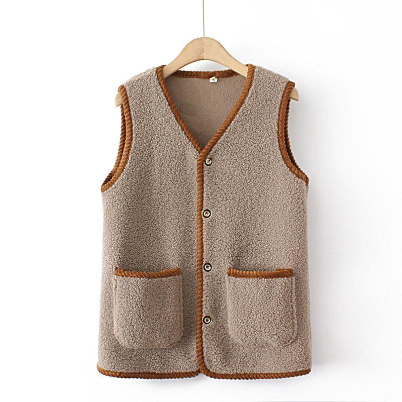 

Жилет из овечьей шерсти, однотонный, с зажимом в виде лошади, теплый, с плюшевой подкладкой, V-образным вырезом, на пуговицах, модный, однотонный, без рукавов 6XL