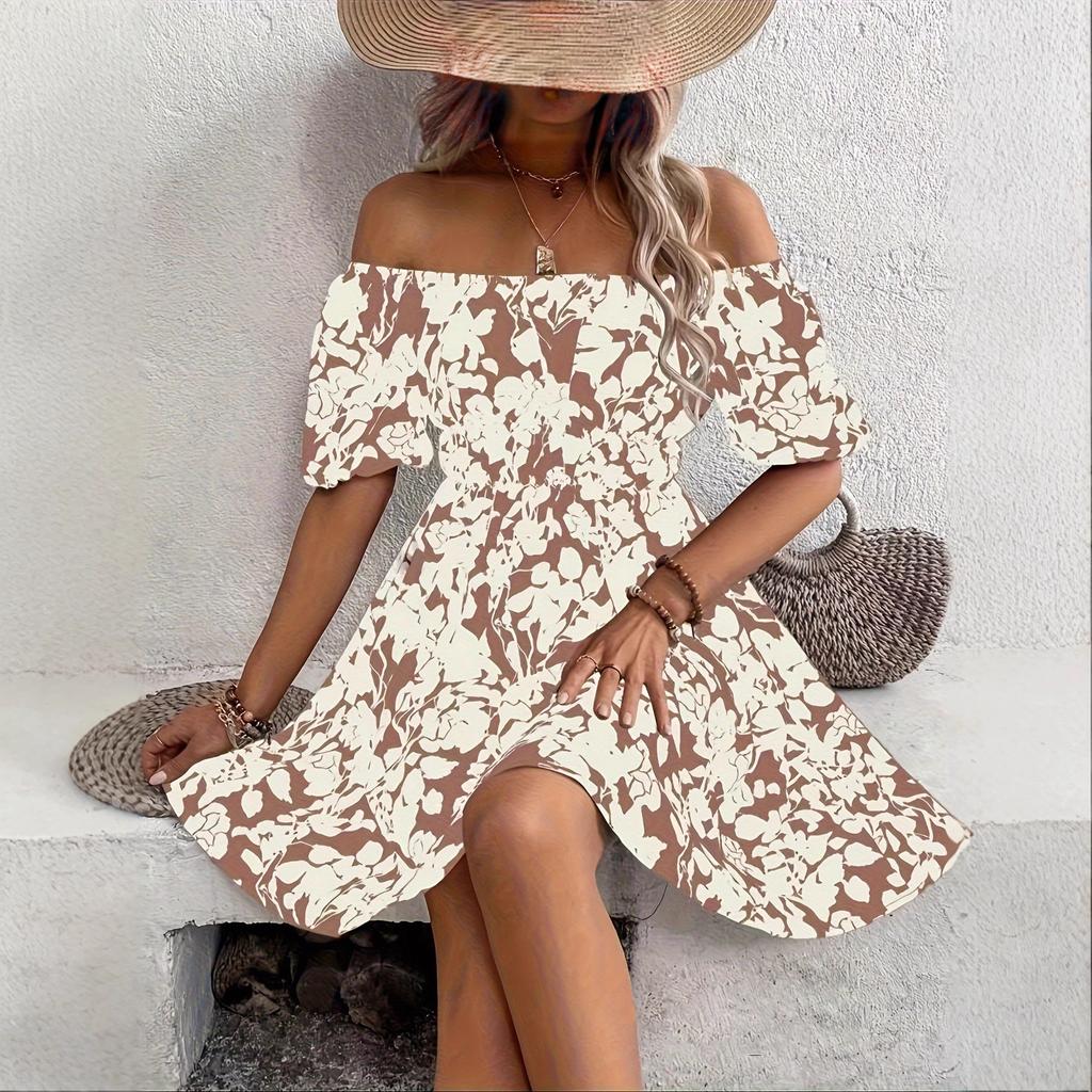 New printed casual off-the-shoulder dress short-sleeved loose floral print dress