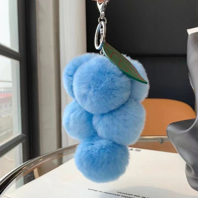 Cute Grape Poms Bag Chain Keychains Fluffy Pompoms Pendant Rex Rabbit Fur Pompoms Keyring Backpack Bag Accessories
