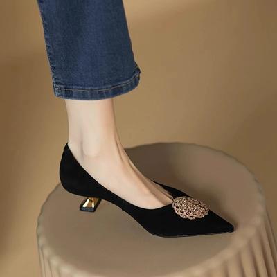 Scarpe da Donna Tacco Medio Nero Francese Scarpe Comode da Ufficio e Carriera Pelle Morbida Suede Punta Scarpe Basse Décolleté Zapatos