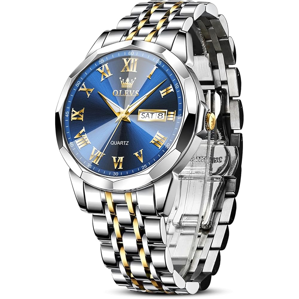 OLEVS Men s Analog Quartz Watch Blue Dial Stainless Steel Band Water Resistant Business Style