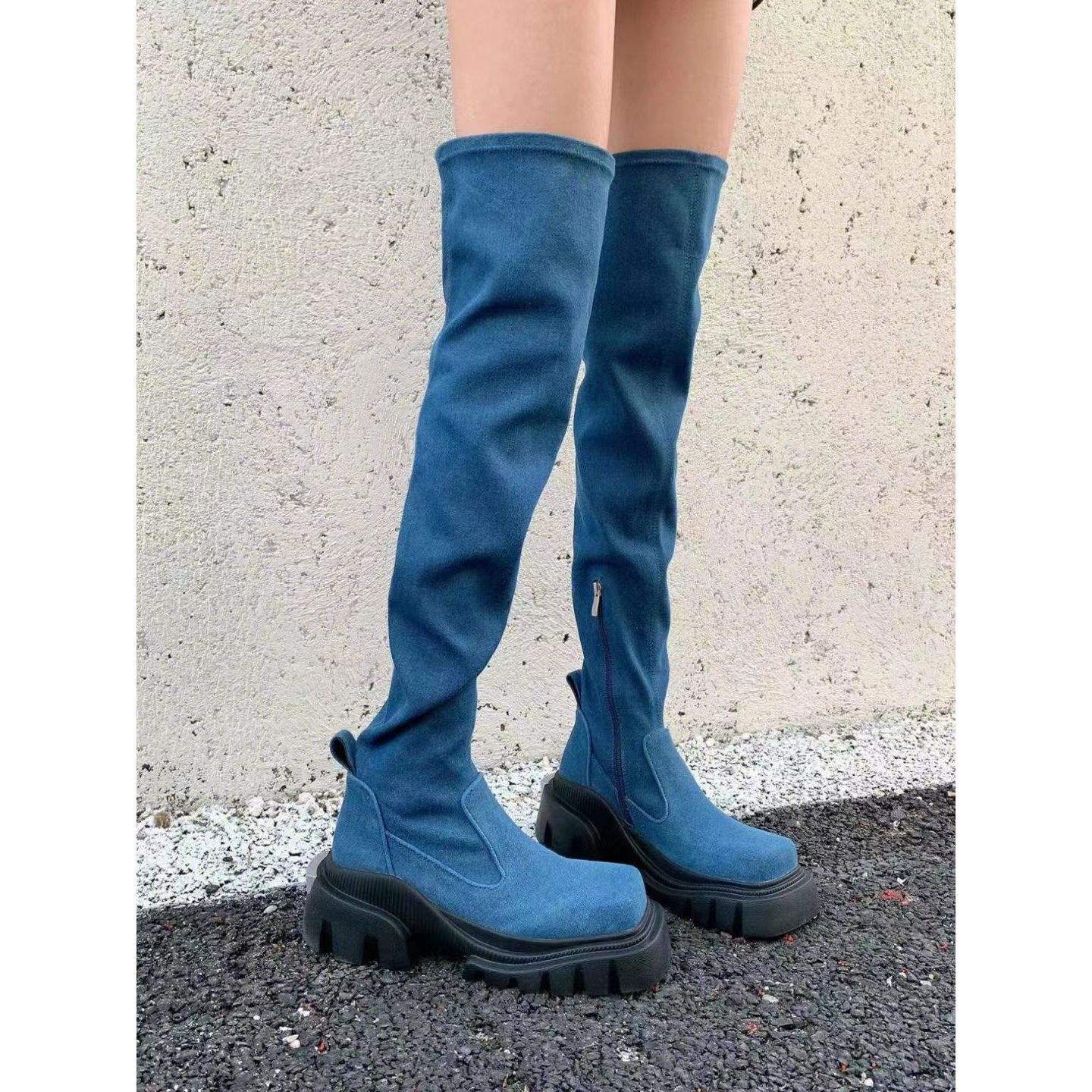 

Fashion versatile zipper knee boots denim blue thick-soled heightening elastic boots piled thickened warm thin boots 40