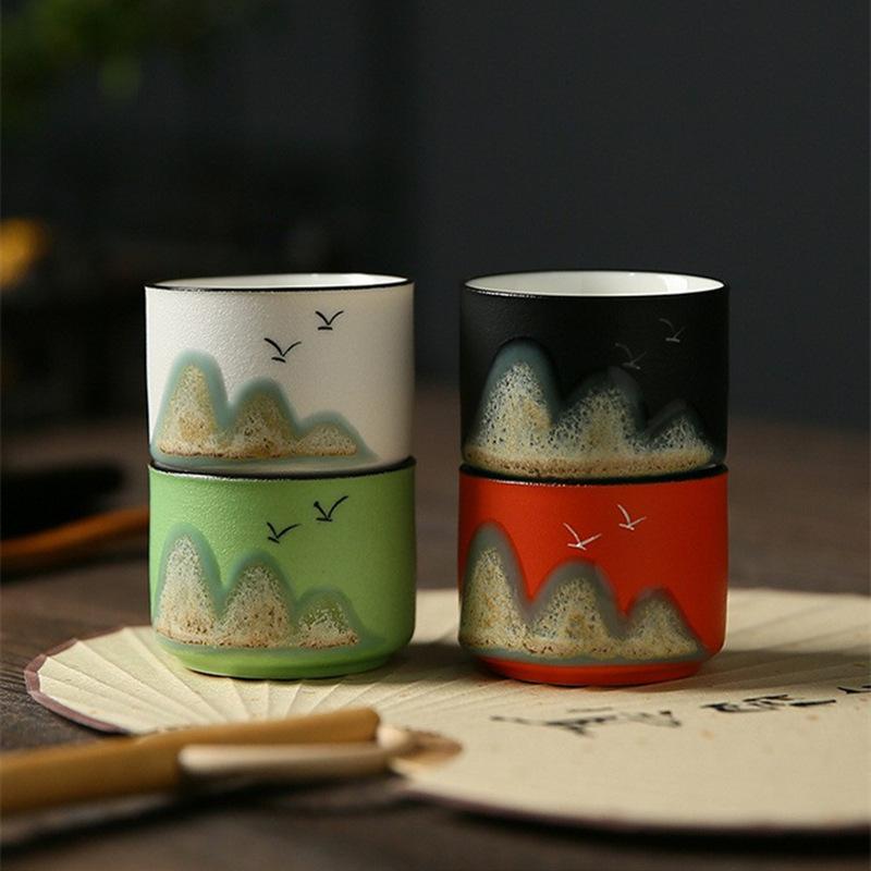 Ceramic Tea Cup Hand-painted Mountain Sharing Cup Chinese Style Kung Fu Tea Cup Travel Tea Bowl Office Home Tea Set Holiday Gift