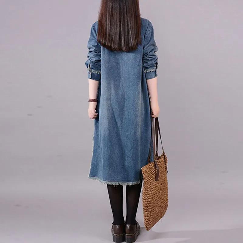 Women's Wash Plush Edge Pockets Loose Denim Dress Autumn O-neck Long Sleeves Dresses