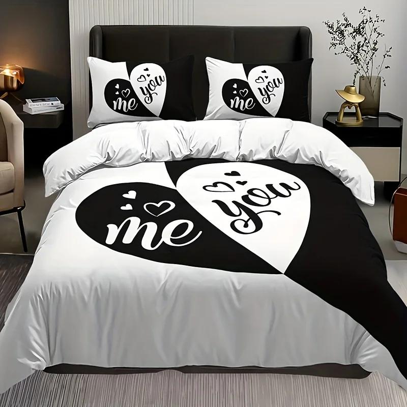3Pcs Couple Bedding Set Black And Red Love Romantic Print Quilt Cover Set Christmas Valentine'S Day Gift For Lover