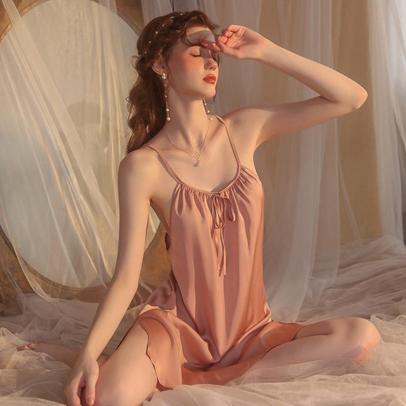 Pijama sexy para mujer, primavera y verano, color liso, fino, con cuello halter y espalda descubierta, vestido de seda con cuello en V para mujer