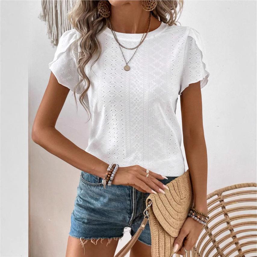 Ladies Summer O Neck Ruffles Short Sleeve Solid Color Pullover T Shirt Top