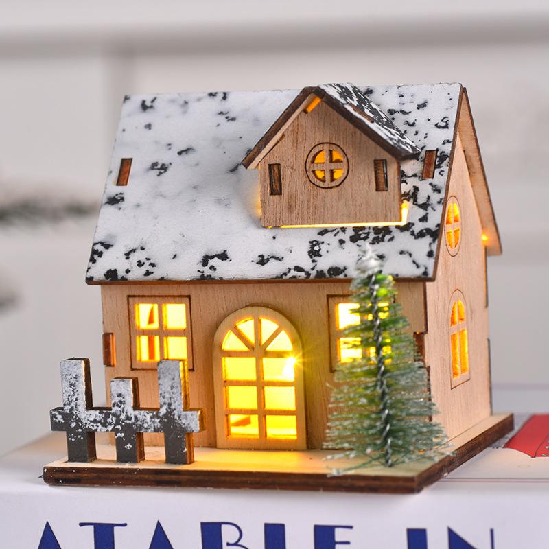 Christmas LED Light Wooden House Luminous Cabin Snow Scene Village Christmas Ornament Kids Gifts New Year Christmas Decoration