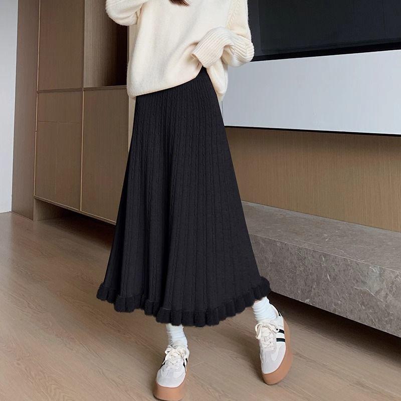 A-Line Women's Autumn Winter Knitted Midi Skirt Slim-Fitting High Waist Wool Half Skirt