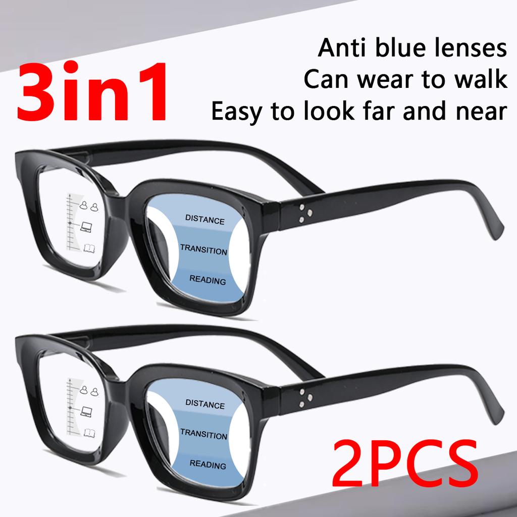 3 In 1 2PCS Progressive Multifocal Anti Blue Light Glasses Retro Fashion Square Glasses Oversize Frame Eyeglasses +1.0 to +3.0