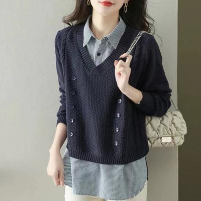 Spring and Autumn Women's Casual Knitted Fake Two-Piece Shirt Collar Sweater