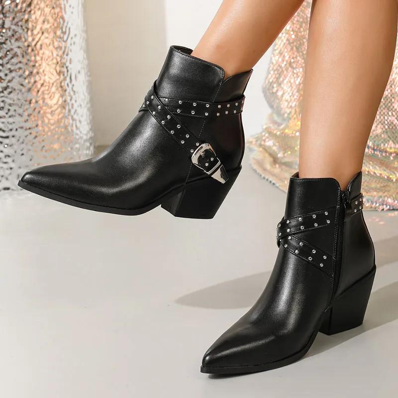 Fashion Genuine Leather Western Ankle Boots Women Fashion Rivet Belt Buckle Design Shoes Sexy Pointed Toe Square Heel Zipper Botas Mujer