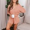 Spring and Summer Waffle Short Sleeve V-Neck Top Shorts Home Two Piece Set