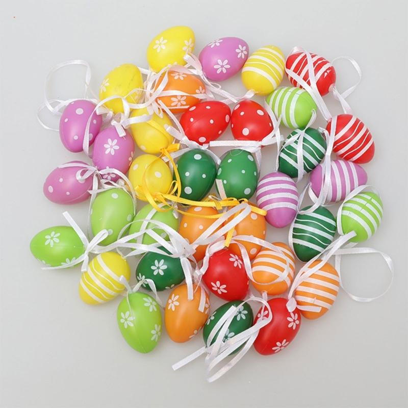 12PCS Plastic Easter Eggs Happy Easter Day Decors with Hangable Lanyards Colorful Eggs for Outdoor Easter Decors