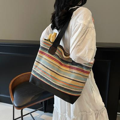 Strohtasche Farbkontrast Große Kapazität Tragetasche Damen Gewebte Urlaubs-Schultertasche