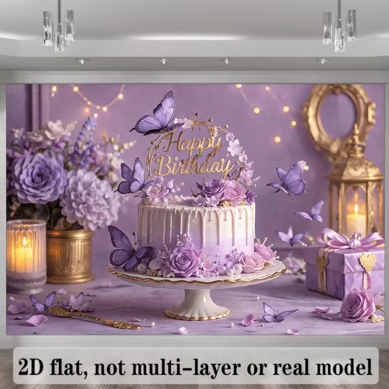 

2D Purple Butterfly Happy Birthday Backdrop Banner Photography Background 47.2x31.5inch/120*80cm
