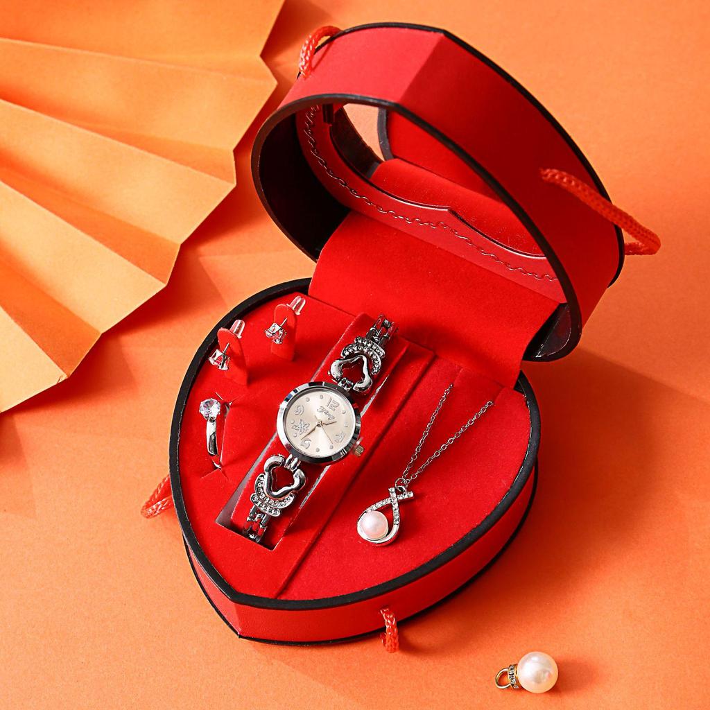 Heart-Shaped Diamond Watch & Necklace Set - Stainless Steel Gift Box for Teacher's Day or Holiday Gift for Girlfriend