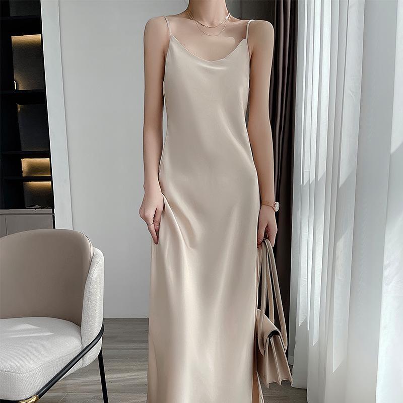 2026 Summer Elegant Satin Off-the-Shoulder Light Luxury Sleeveless Camisole Dress for Women Large