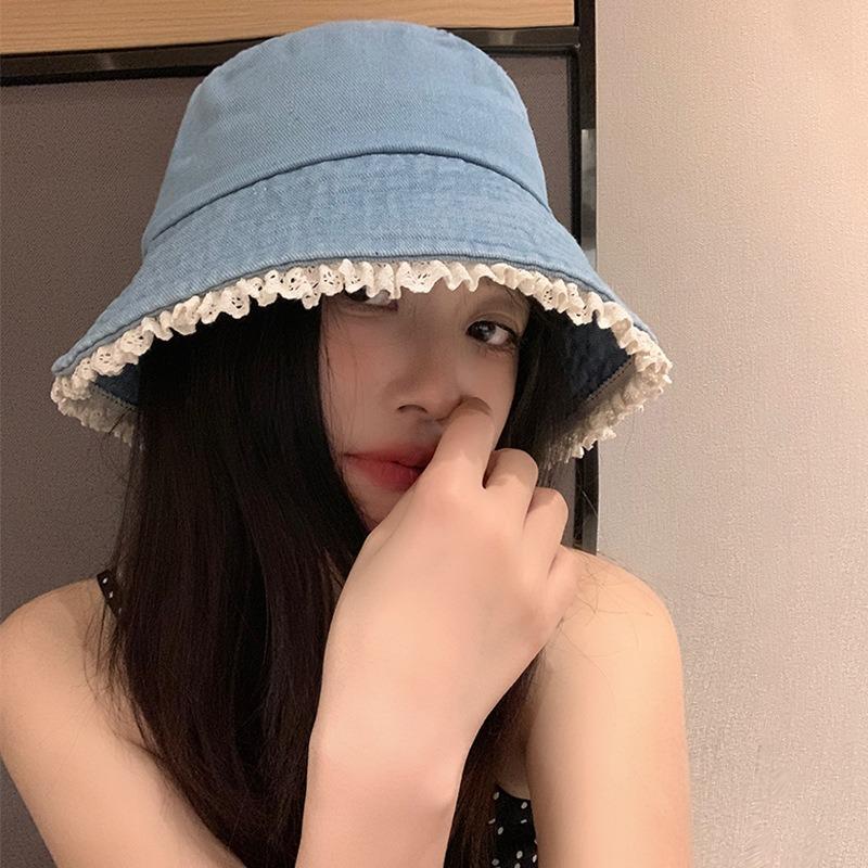 Cute bucket hat lace edge denim sunscreen basin hat advanced sense sunshade college wind show face small bucket hat female