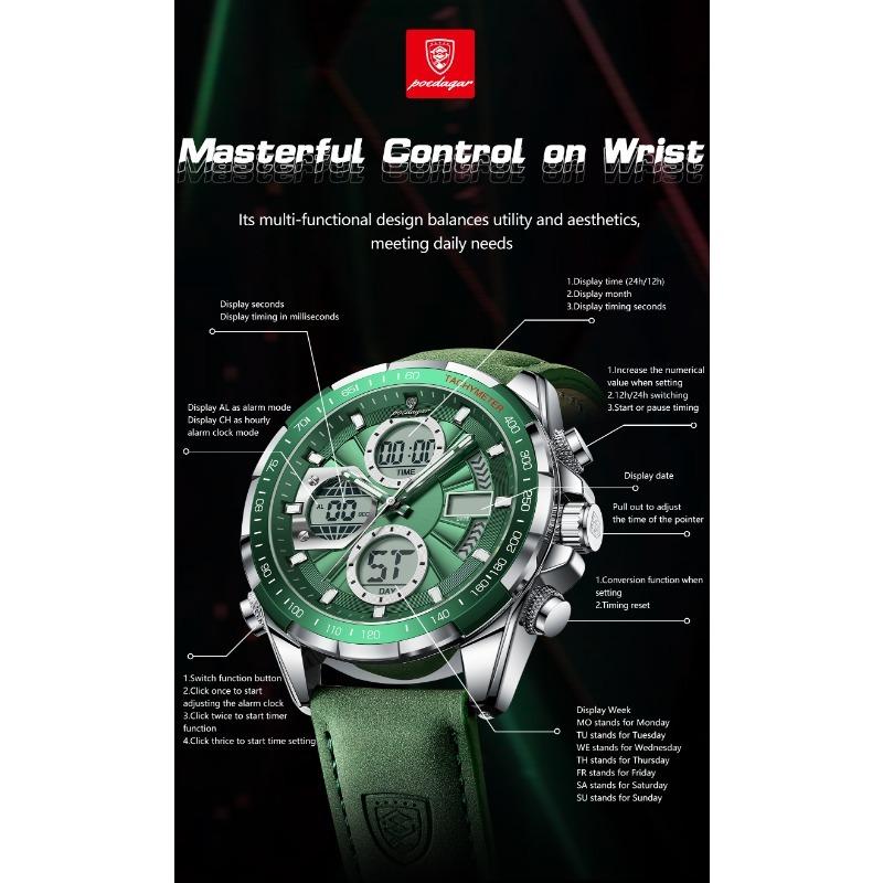 POEDAGAR Luxury Men Watch Luminous Week Date Digital LED Quartz Clock Alarm Dual Time Display Electronic Watches