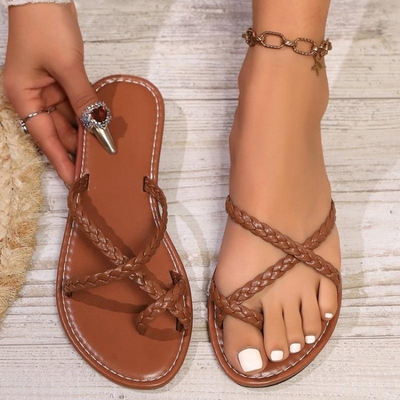 Mezzo casual flat sandals women's spring new woven foot pullover beach shoes large size slippers
