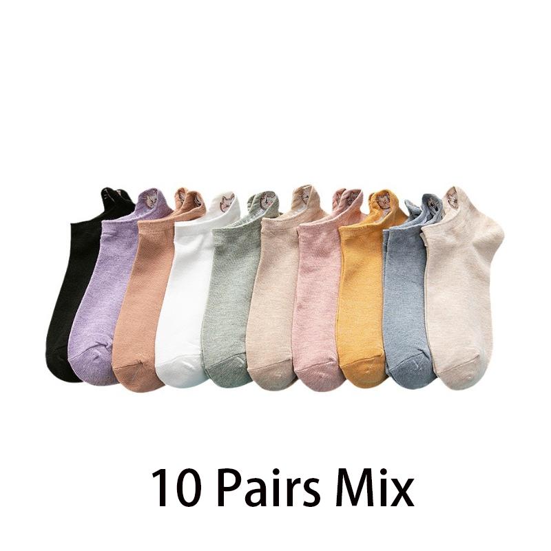 5/10 Pairs Women's Ankle Socks Cartoon Embroidery Cat Funny Short Socks Fashion No-Show Low Cut Soft Casual Female Boat Socks