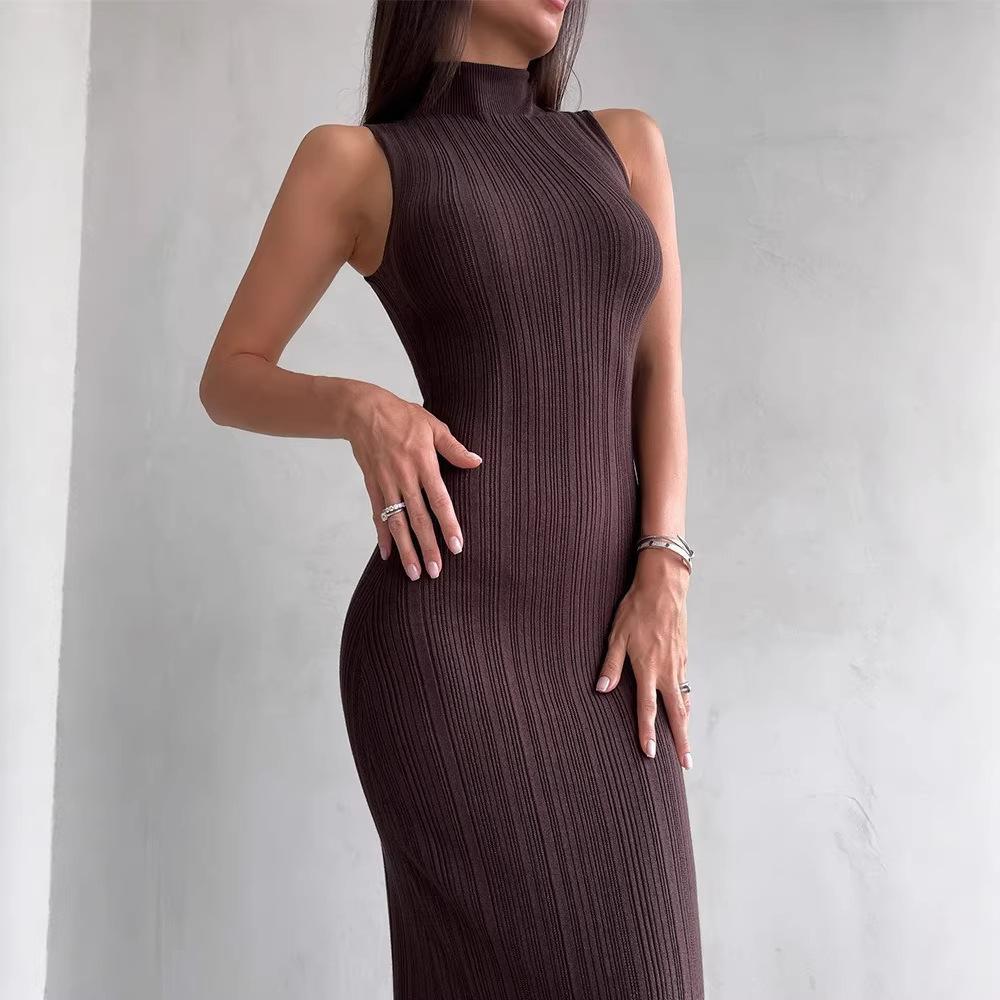 Knitted. Neck Sleeveless Tights Spring Summer Medium Dress Elegant French Dress Women