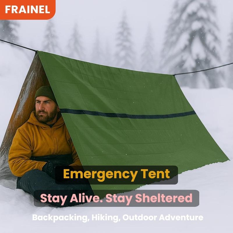 Portable emergency survival tent, snow-proof warm shelter, tubular rainproof fabric, army green tough guy style, with whistle and paracord storage