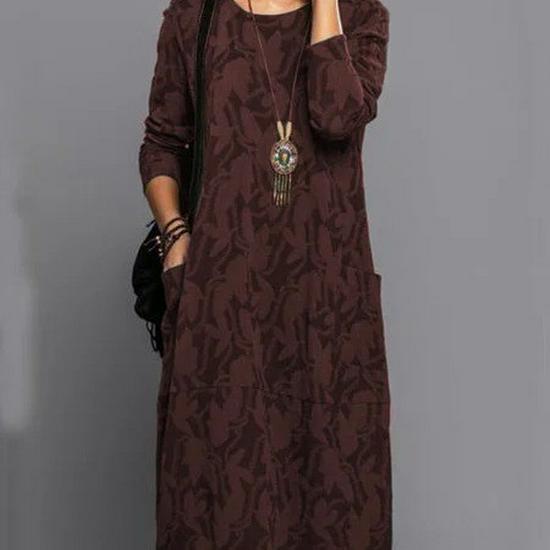 Spring/Autumn Casual Print Round Neck Long Sleeve Pocket Dress for Women