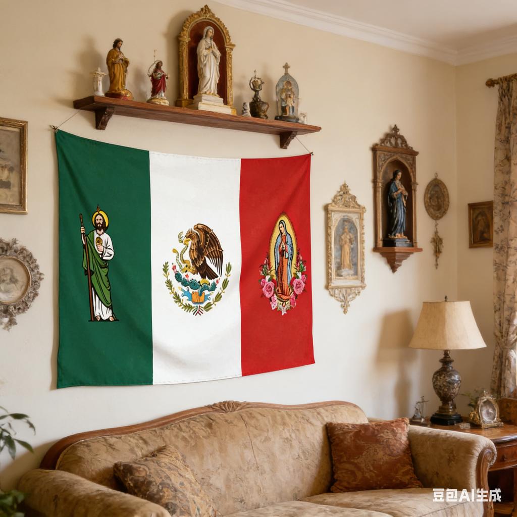 1pc Mexican Flag with St Jude  Our Lady of Guadalupe Tapestry Polyester 2D Flat Wall Hanging for Bedroom Living Room Religious