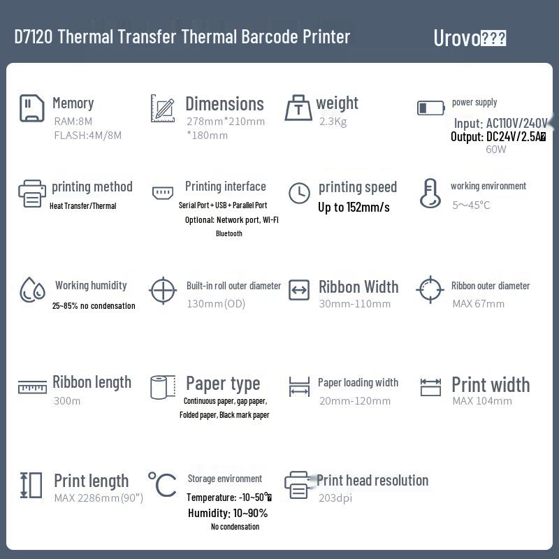 UROVO D7130 Upgraded Thermal Barcode Label Printer CN plug (adapter included)