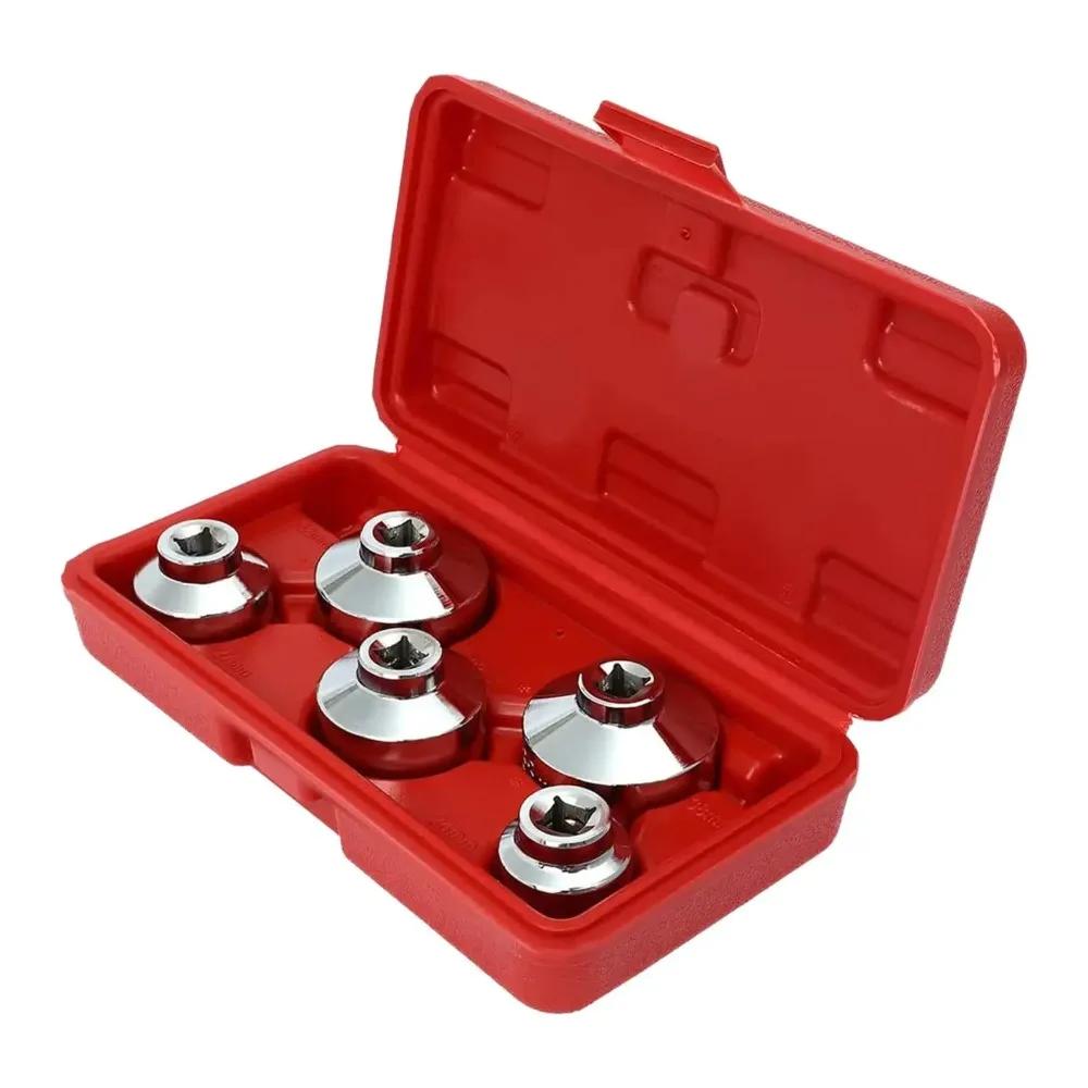 Universeller Ölfilterschlüssel- und Kappensatz, 5-teilig, 24 mm, 27 mm, 32 mm, 36 mm und 38 mm, mit Aufbewahrungsbox Ausziehwerkzeug für Geely und Ni