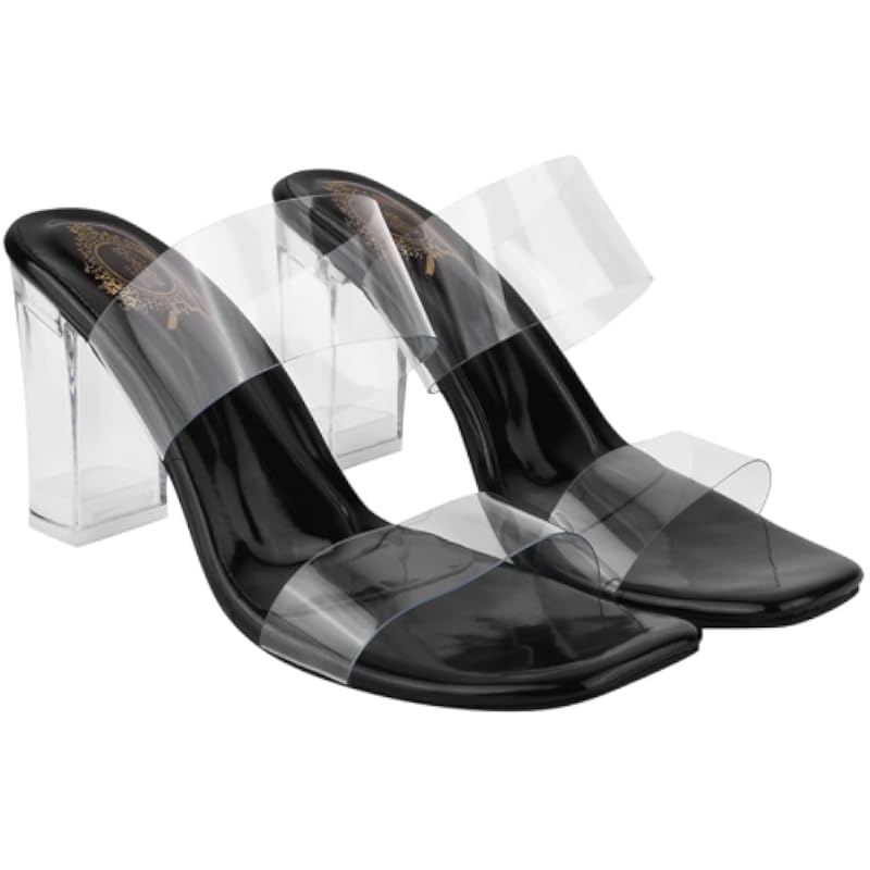Shoetopia Stylish Trasparent Detailed Black Block Heels For Women & Girls /Eu39