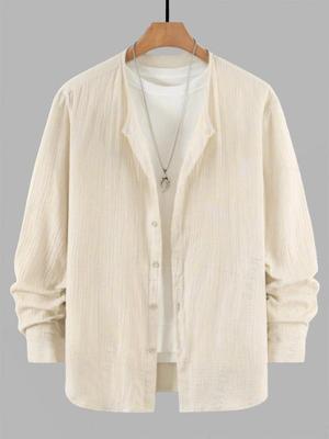 Men's Casual Cotton and Linen Wrinkle Textured Button Up Long Sleeves Shirt