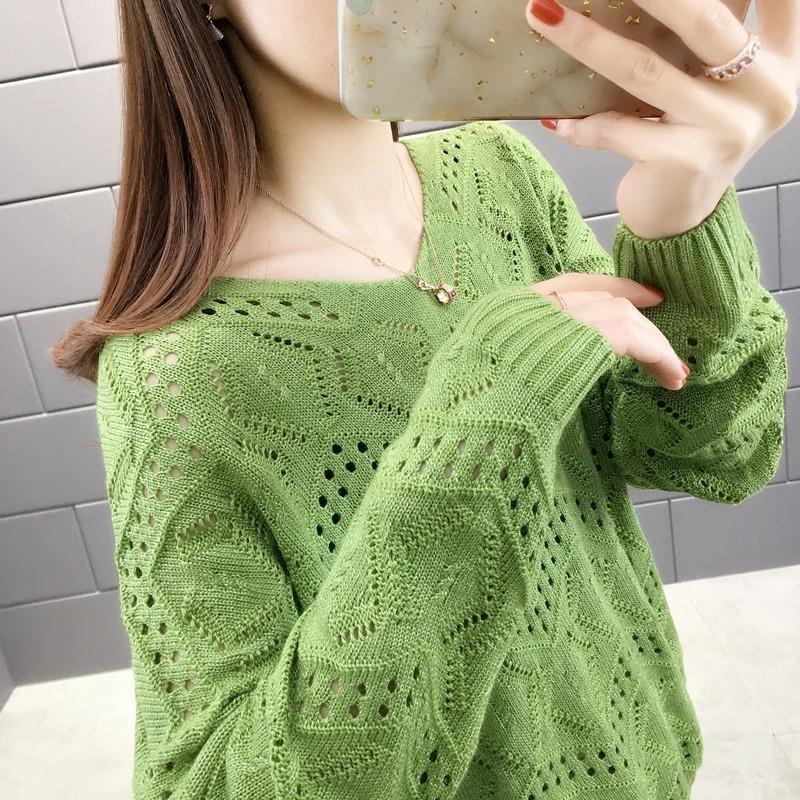 Hollow long-sleeved knitted sweater women's spring and autumn new pullover v-neck top loose outer wear sweater bottoming shirt thin