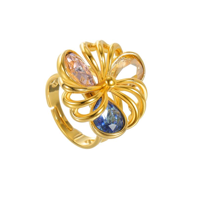 18K Gold Vintage Zircon Flower Ring - High-End Autumn/Winter Accessory