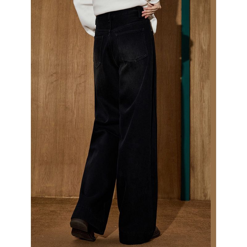 Coolhut High-Waisted Loose Slimming Straight-Leg Wide-Leg Fleece-Lined Curved Hem Floor-Length Winter Women's Jeans