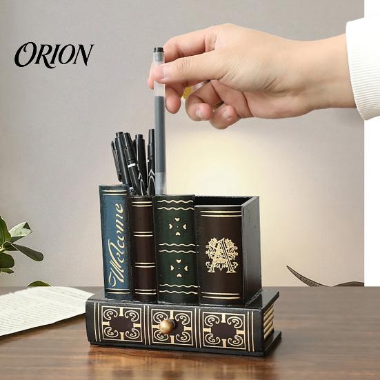 British Style Desk Accessory Wooden Book-Shaped Pen Holder, Retro Organizer with Drawer, Multi Compartment Holder Creative Storage Container for Pens