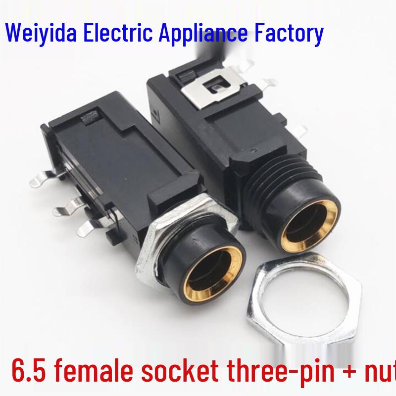 6.35mm Female Audio Socket 6.5 Jack for Guitar/Microphone, PCB Panel, Straight Insert, 3-Pin