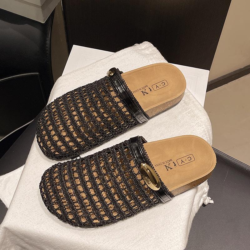 Mesh Soft Bottom Bag Head Slippers Women's Summer Wear New Thick Bottom Casual Half Tray Breathable Hollow Sandals