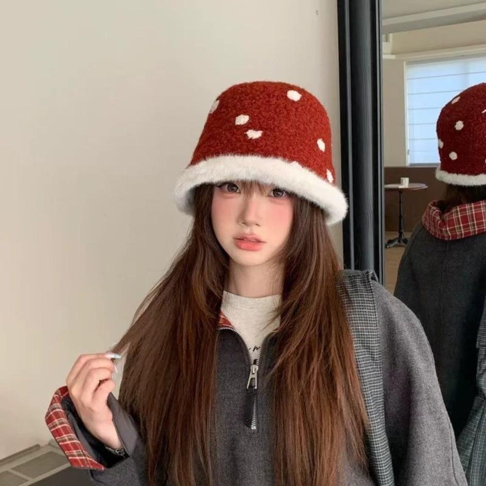 One Size Plush Winter Hat Thick Warm Polka Dot Bucket Hat Faux Lamb Wool Bucket Hat Outdoor Wear